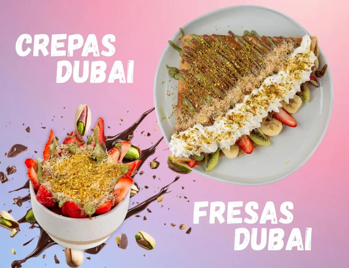 La Michoacana Premium Oak Lawn graphic titled “Crepas Dubai” and “Fresas Dubai”, showing a pistachio-and-chocolate crepe on a plate and a strawberry dessert cup.