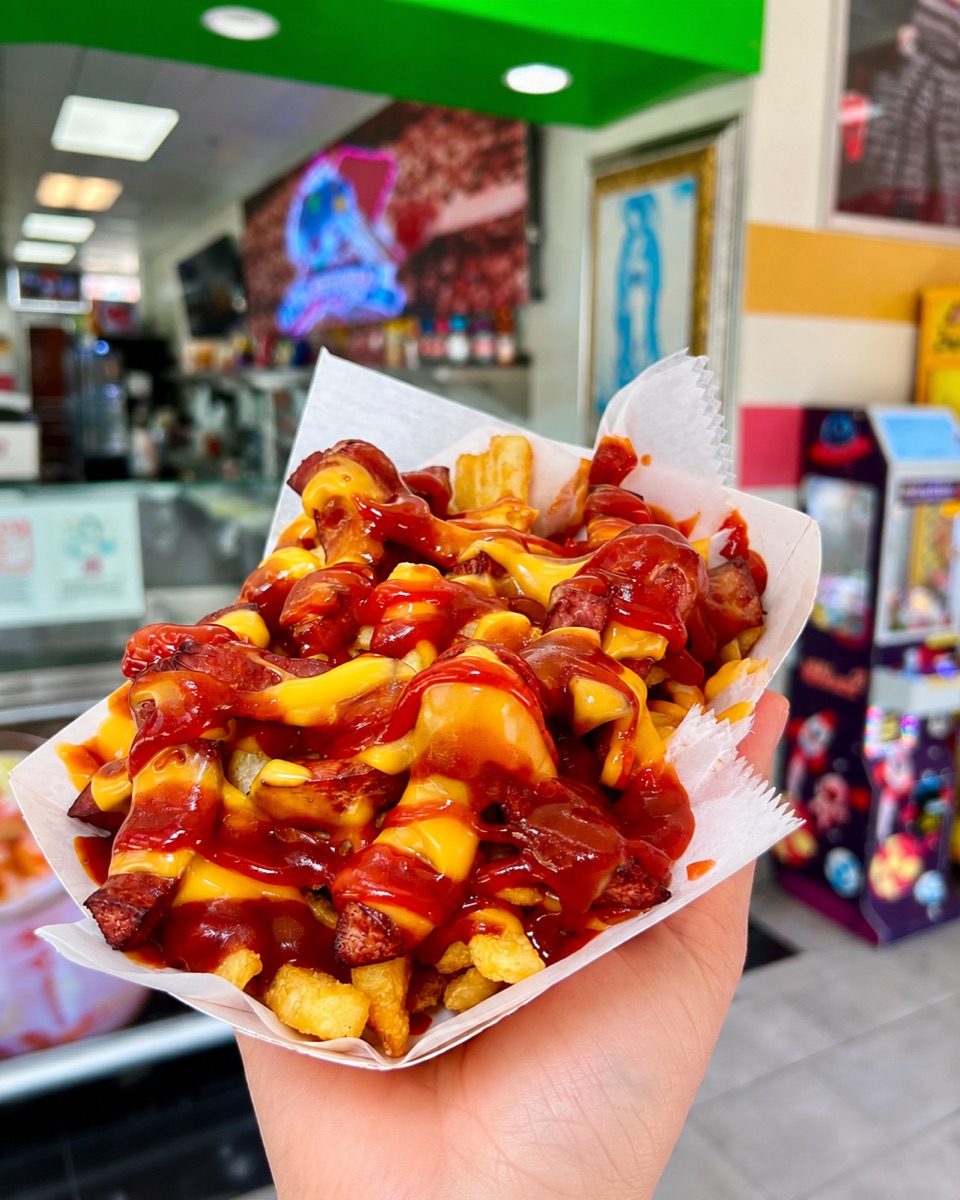 A tray of fries loaded with cheese sauce at La Michoacana Premium Oak Lawn.