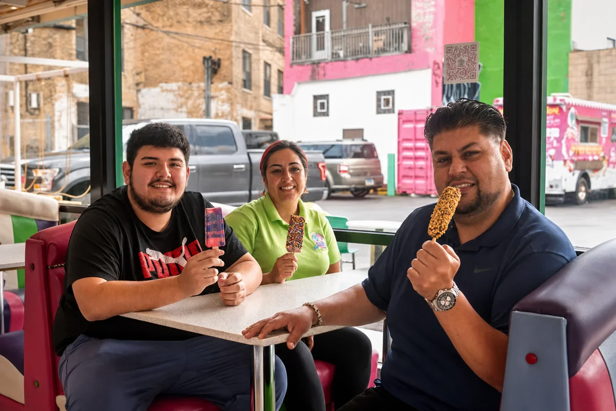 Three guests seated together, each holding a paleta or elote from La Michoacana Premium Oak Lawn.